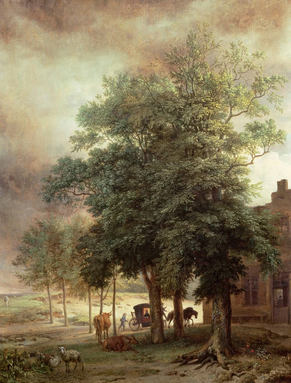 Paesaggio con carrozza o casa oltre gli alberi